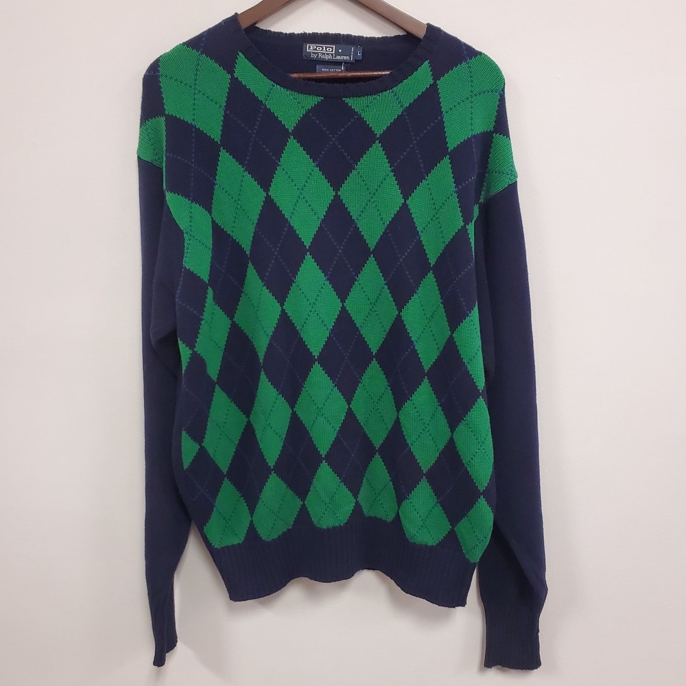Vtg Polo Ralph Lauren Mens Preppy Argyle Cotton Sweater Size L Blue Academia‎